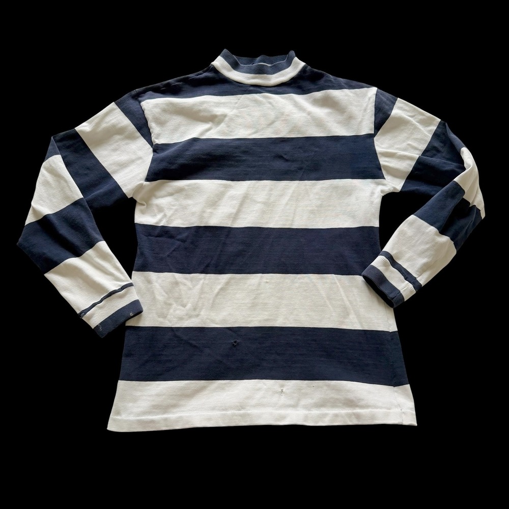 80's Lands End Small Navy White Striped Mock Neck Long Sleeve Cotton Top USA